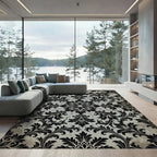 Black Damask Scroll Medallion Slate Gray Rug