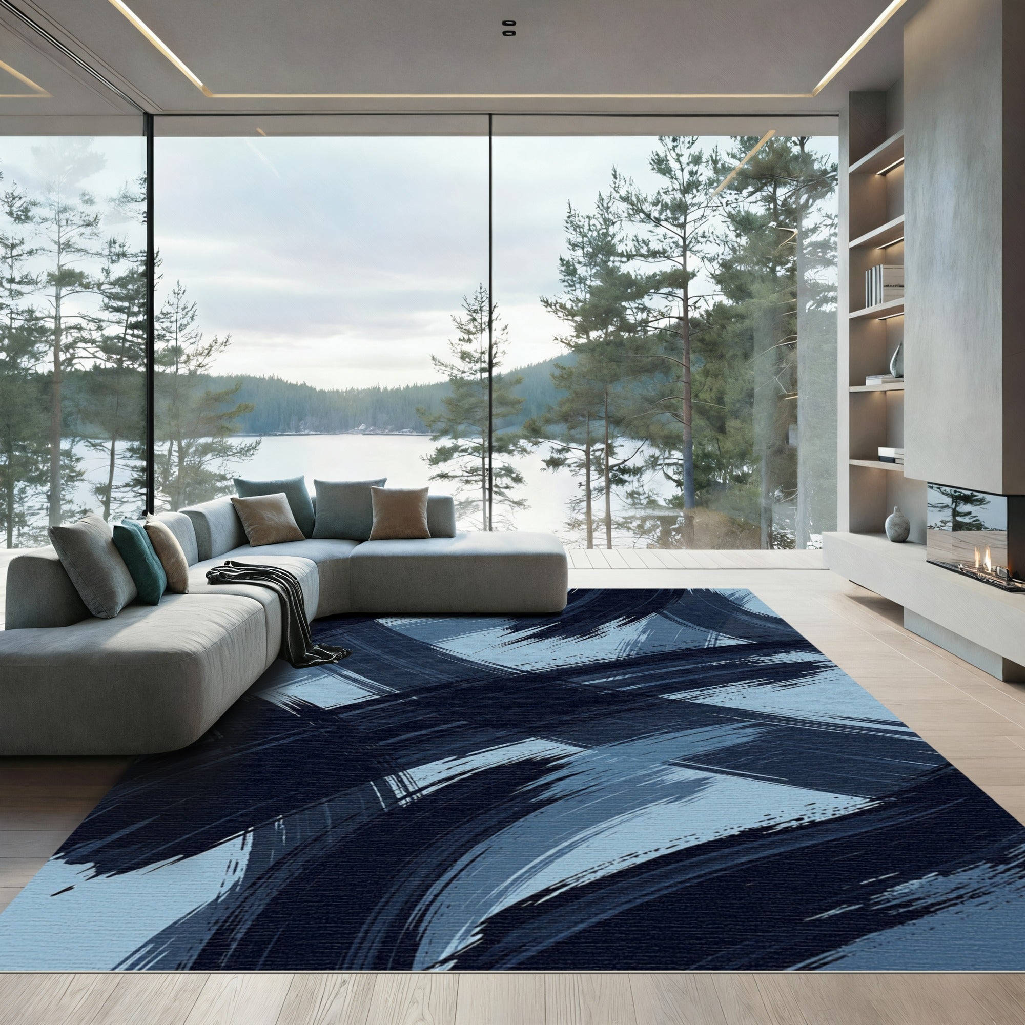 Navy Blue Abstract Stroke Rug