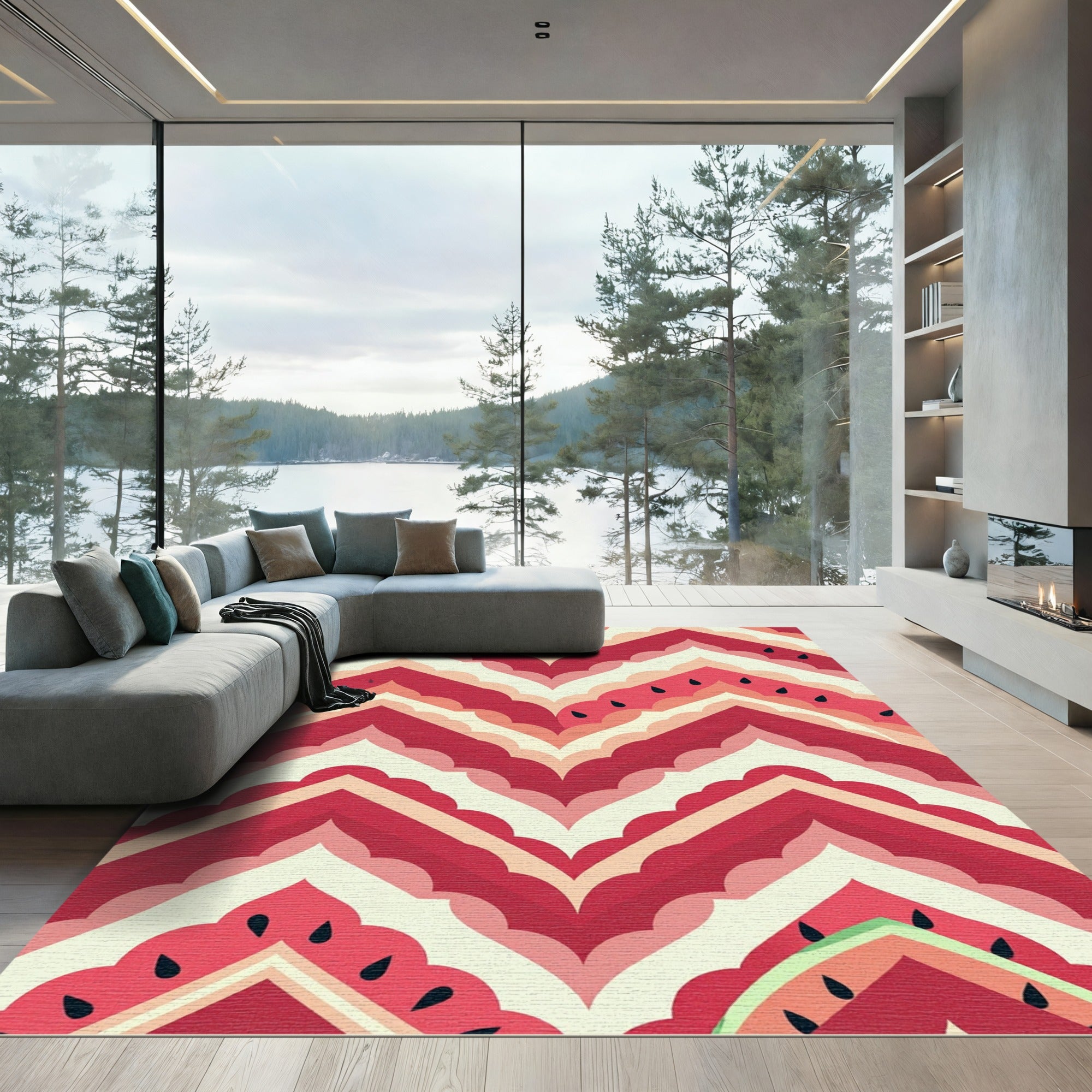 Playful Watermelon Chevron Striped Art Rug