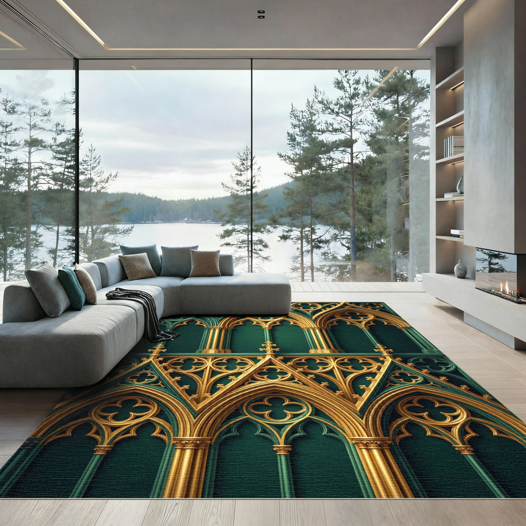 Gothic Emerald and Gold Trefoil Arches Rug