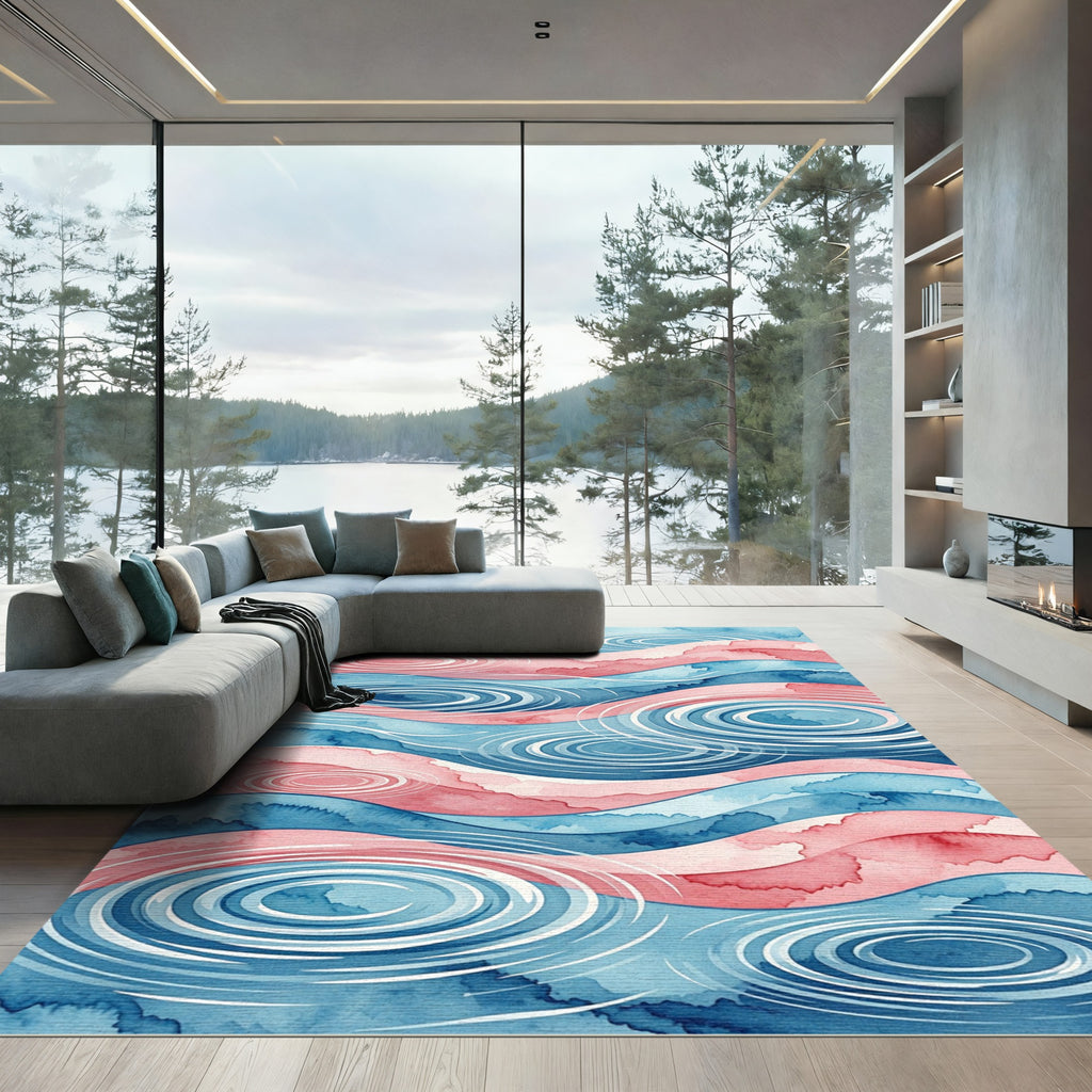 Watercolor Blue and Pink Ripple Wave Rug