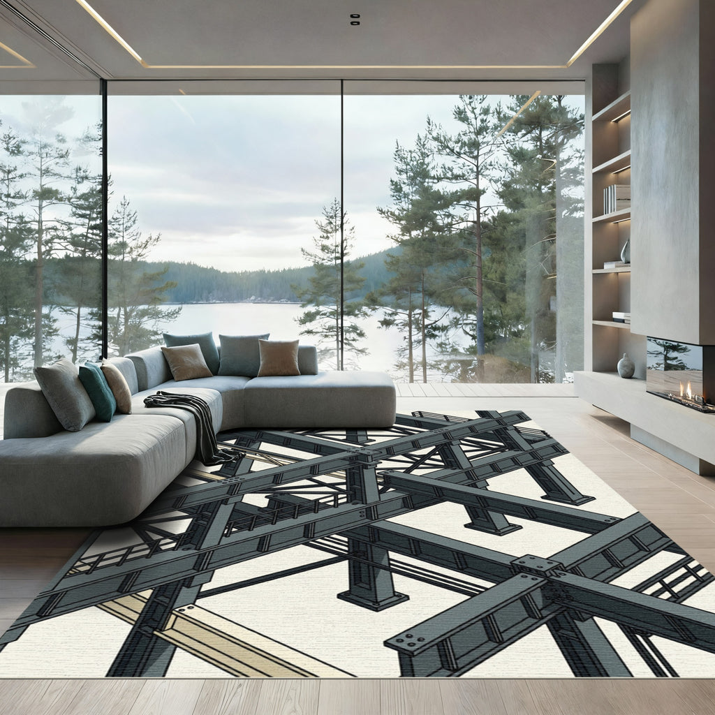 Industrial Gray Isometric Steel Beam Grid Rug