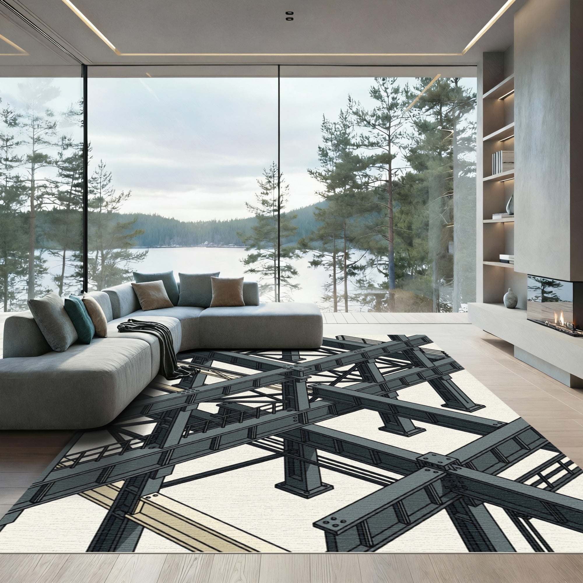 Industrial Gray Isometric Steel Beam Grid Rug