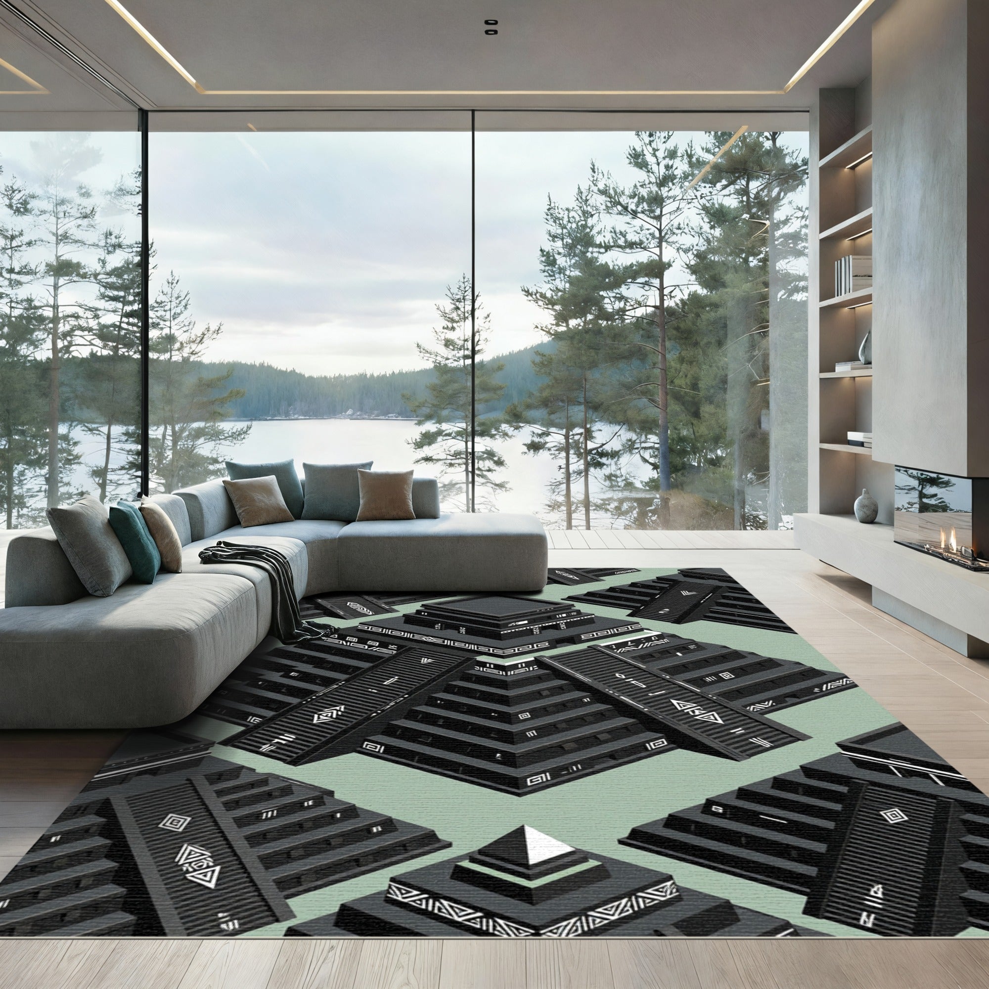 Black Geometric Pyramid Tribal Arrangement Rug