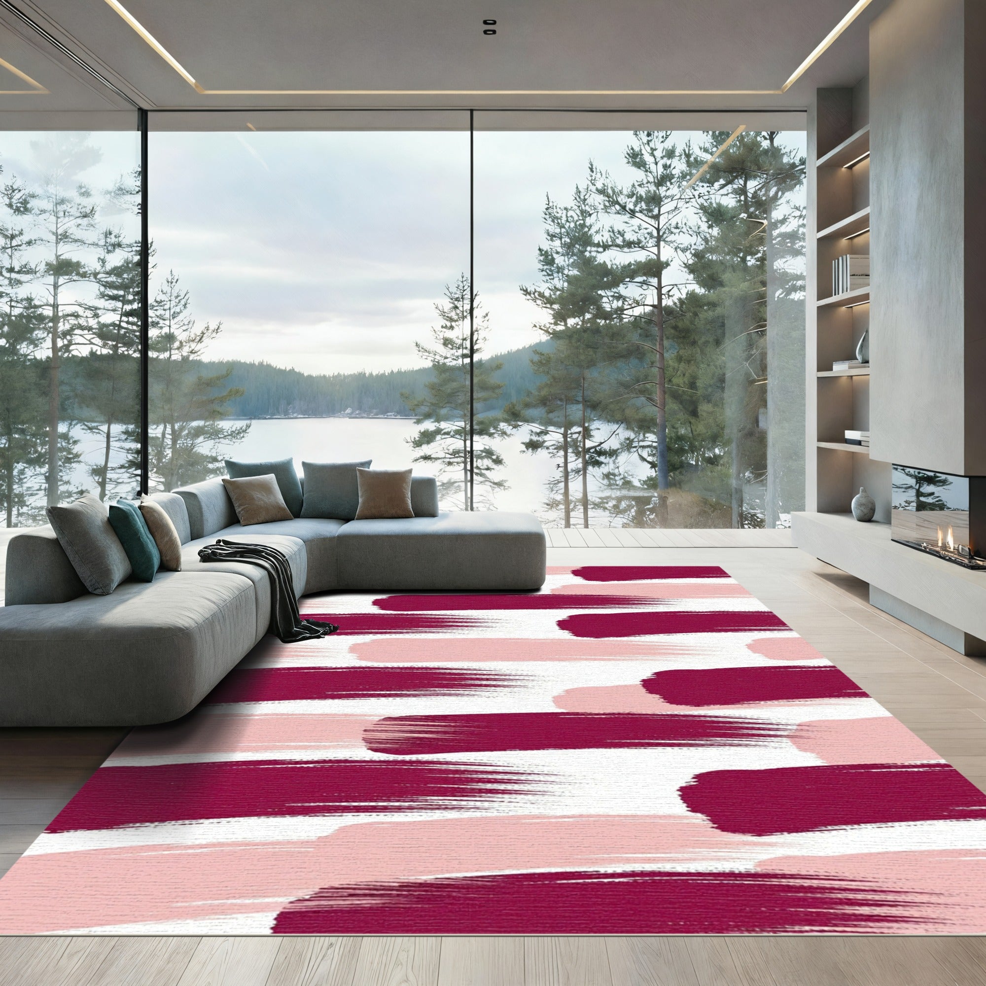 Crimson Rose Brush Stroke Overlay Rug