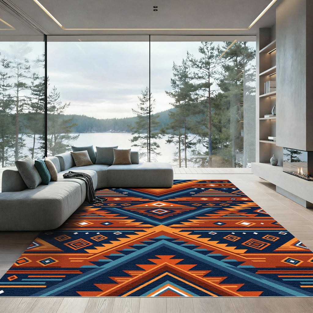 Geometric Southwestern Diamond Ochre Navy Rug