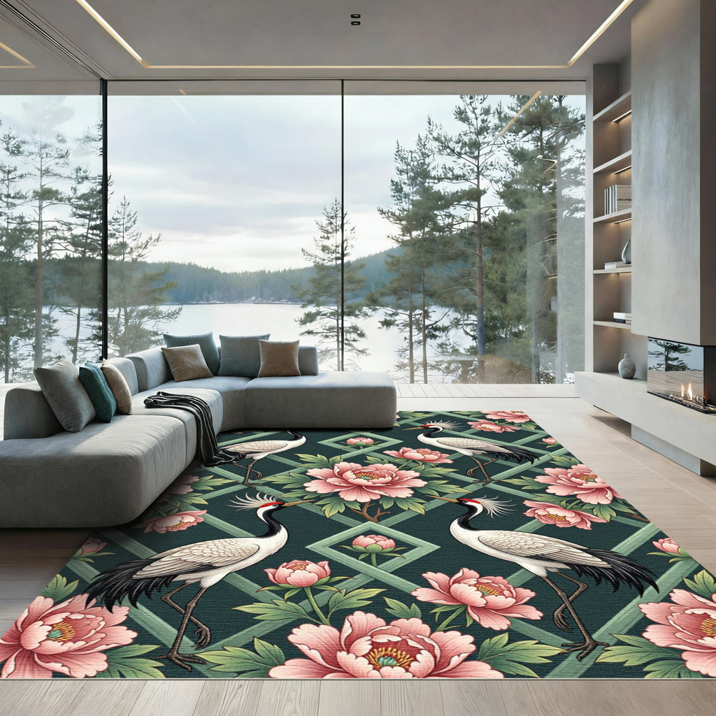 Pink Crane Peony Garden Trellis Rug