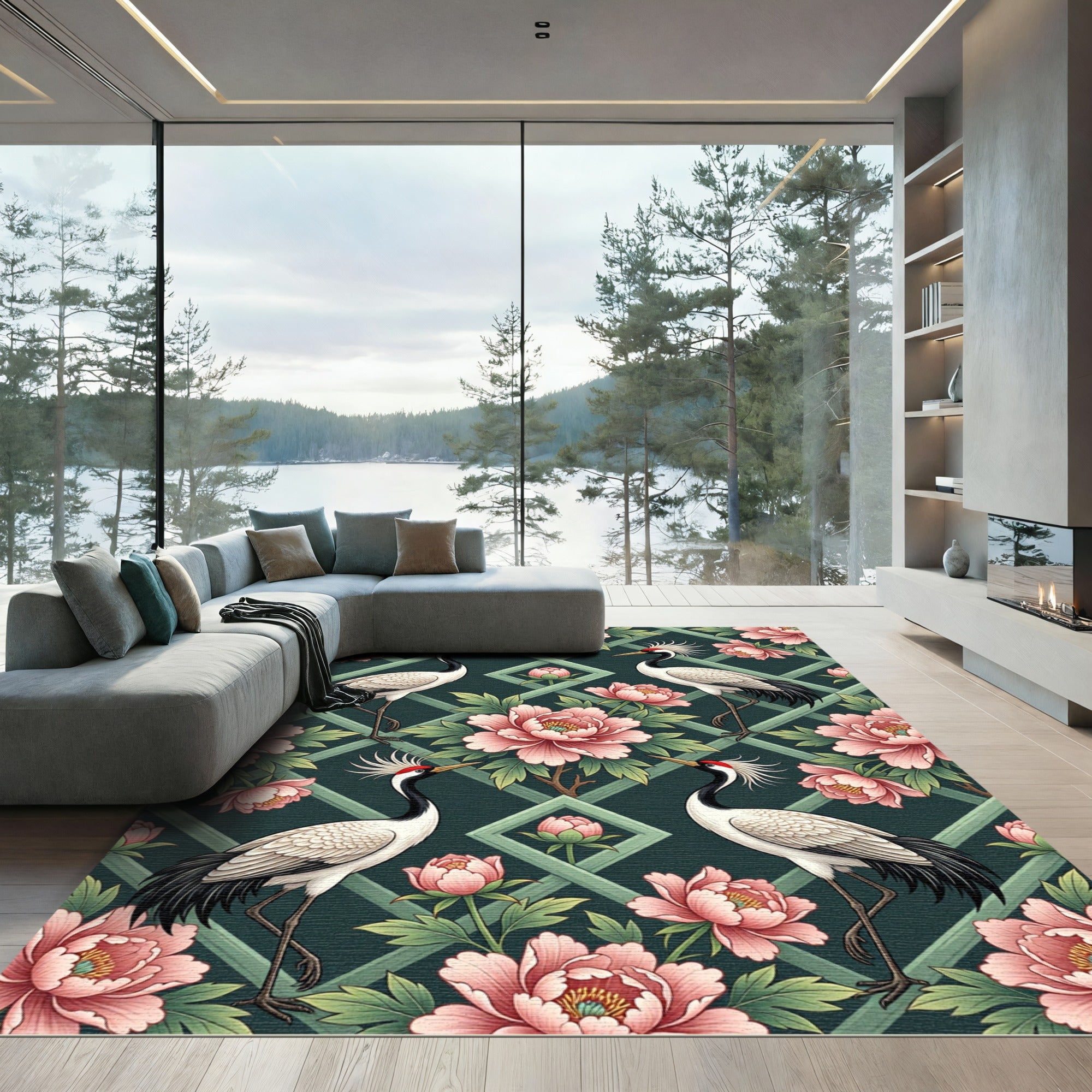 Pink Crane Peony Garden Trellis Rug
