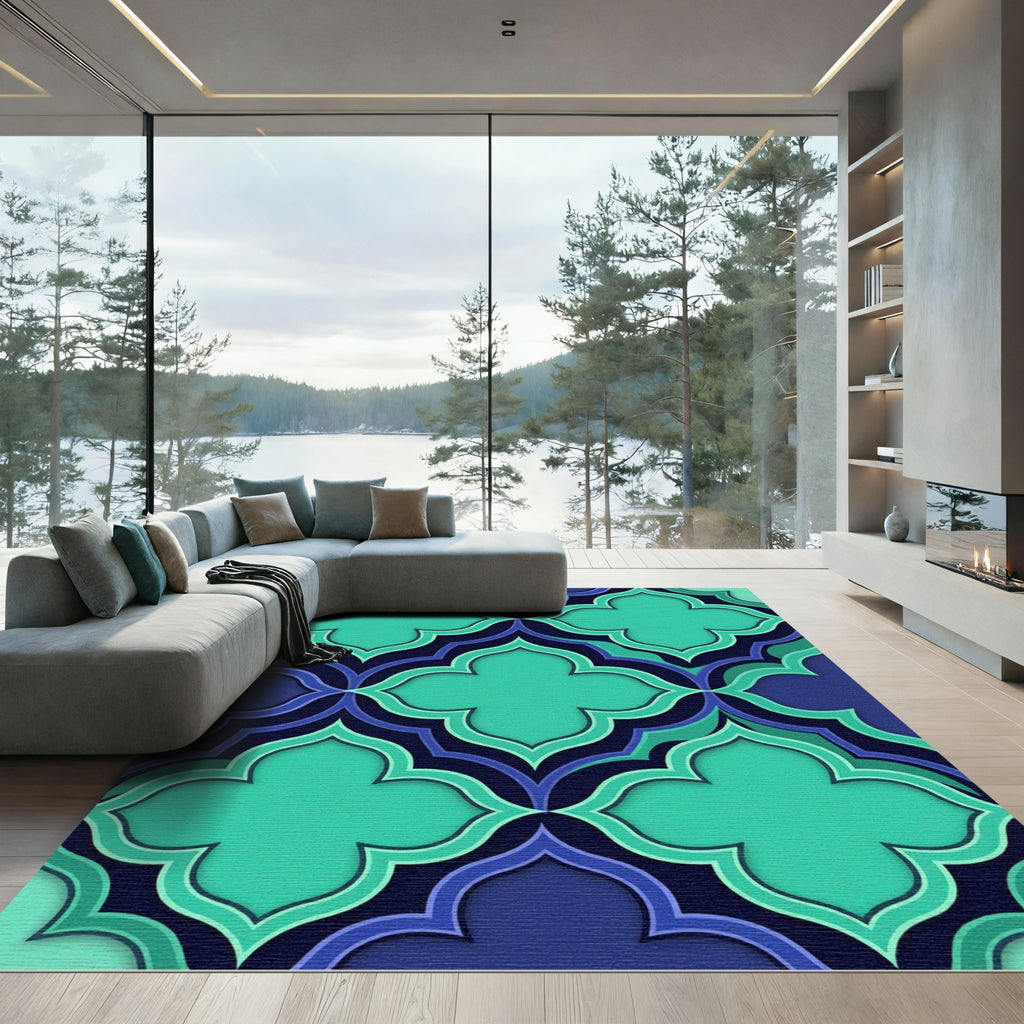 Teal Quatrefoil Geometric Layered Navy Rug