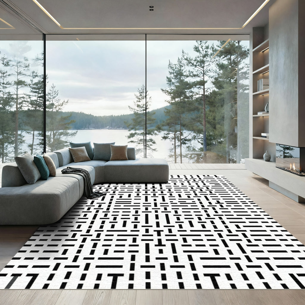 Abstract Black White Line Grid Rug