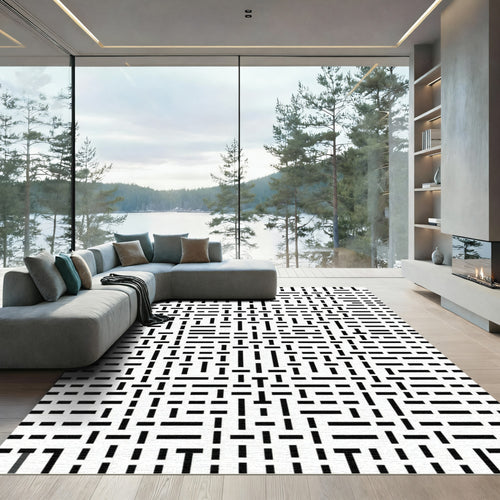 Abstract Black White Line Grid Rug