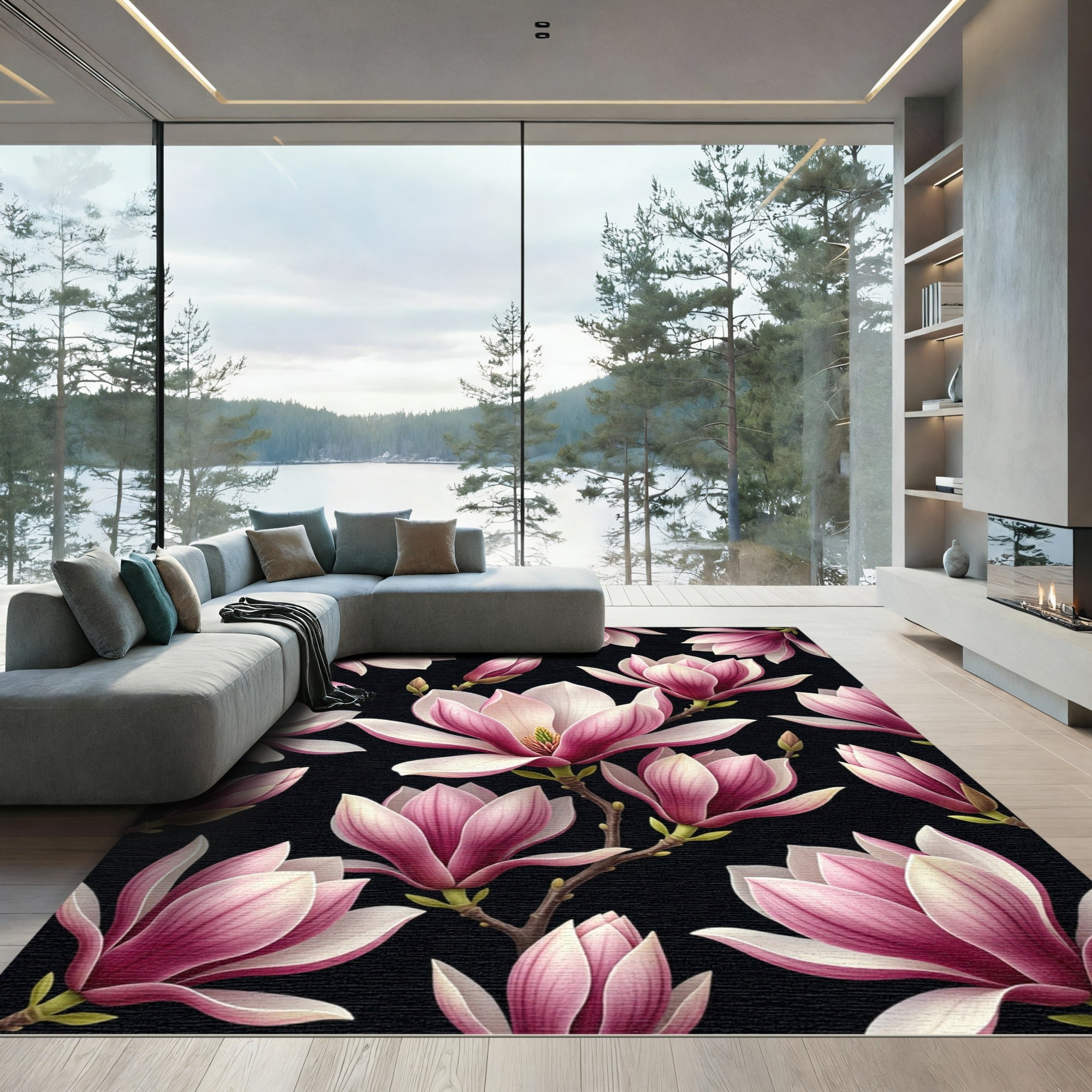 Elegant Pink Magnolia Botanical Blossoms Rug