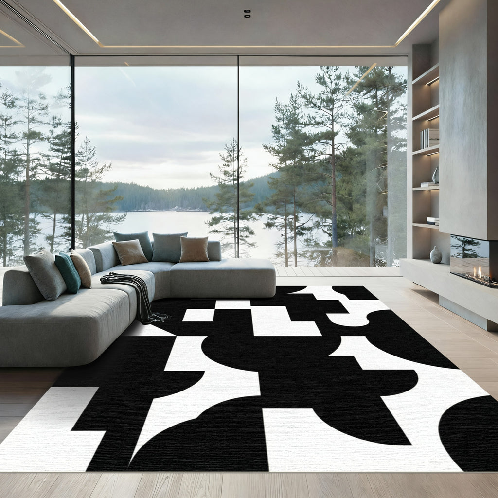 Black White Geometric Abstract Squares and Curves Rug