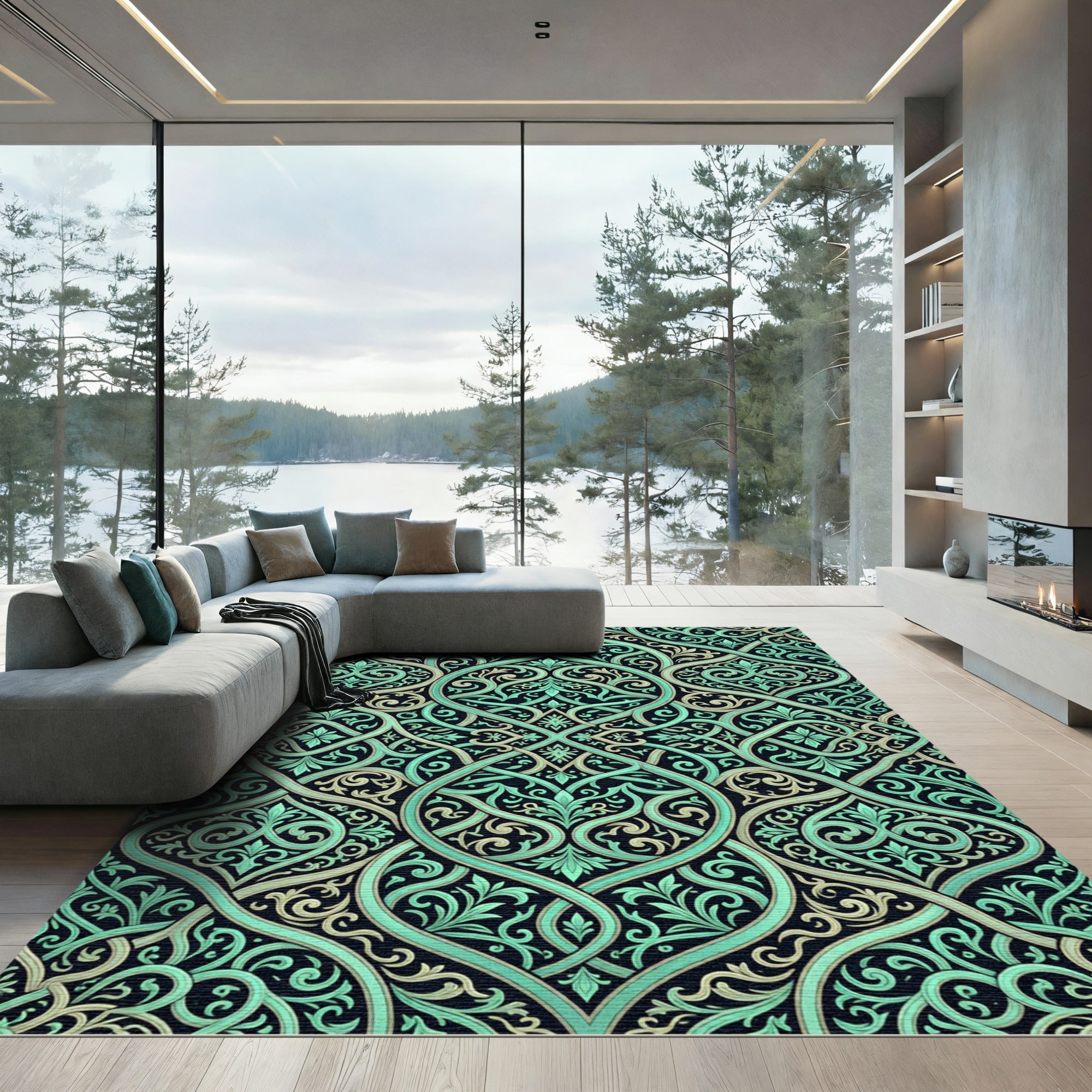Intricate Teal Beige Arabesque Lattice Rug