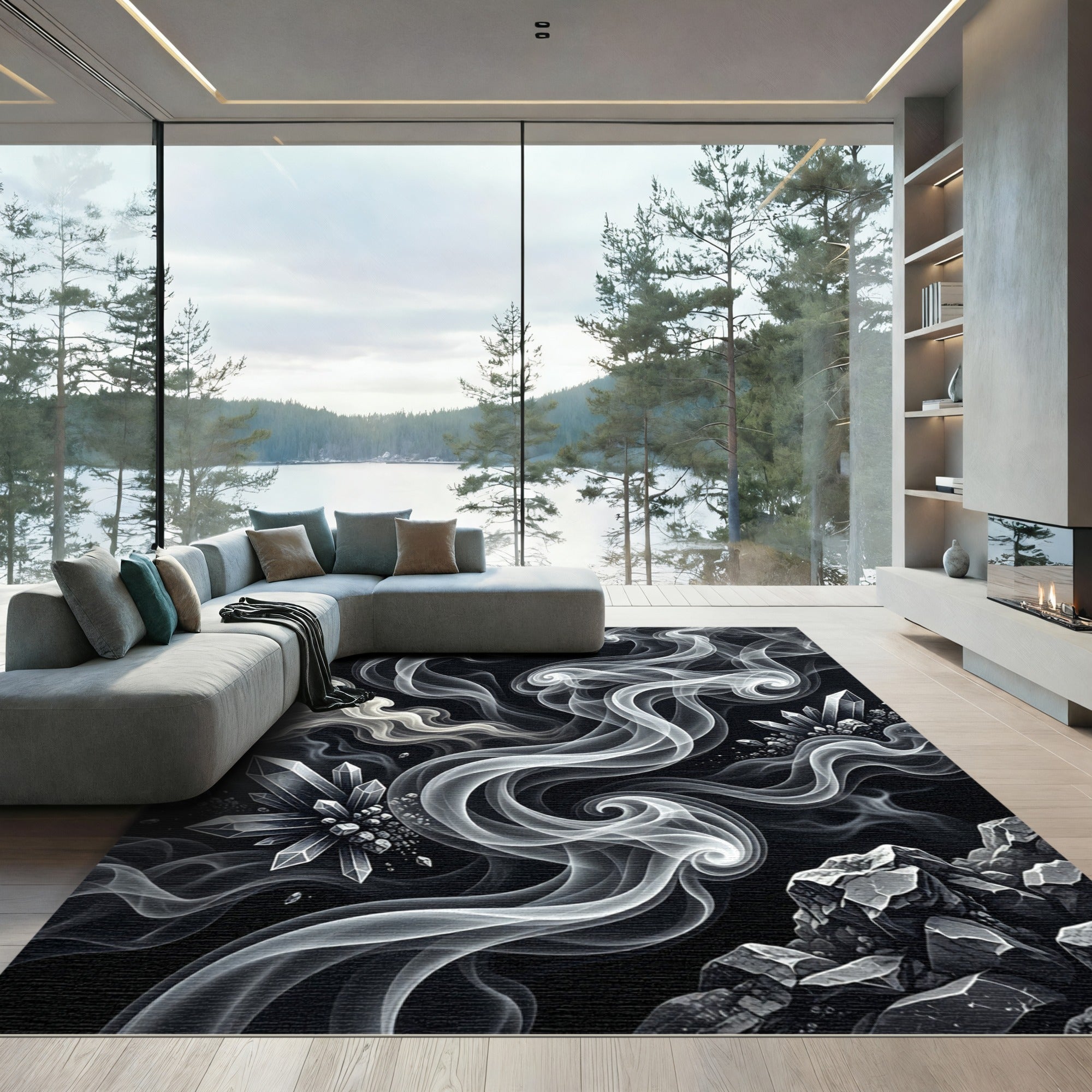 Abstract White Crystal Smoke Swirls Rug
