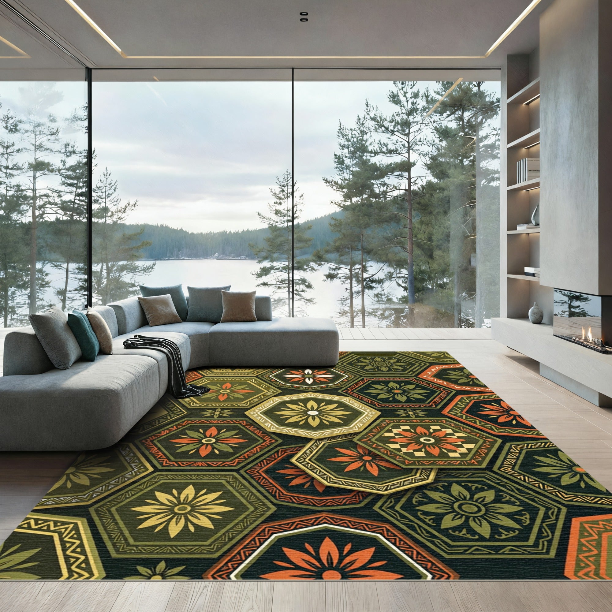 Hexagonal Floral Meadow Geometric Rug