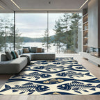 Navy Blue Skeletal Fish Wave Composition Rug