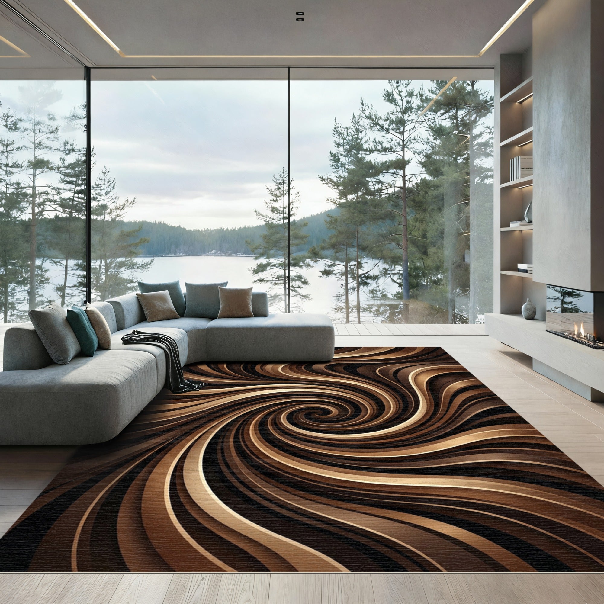 Modern Bronze Abstract Swirl Rug