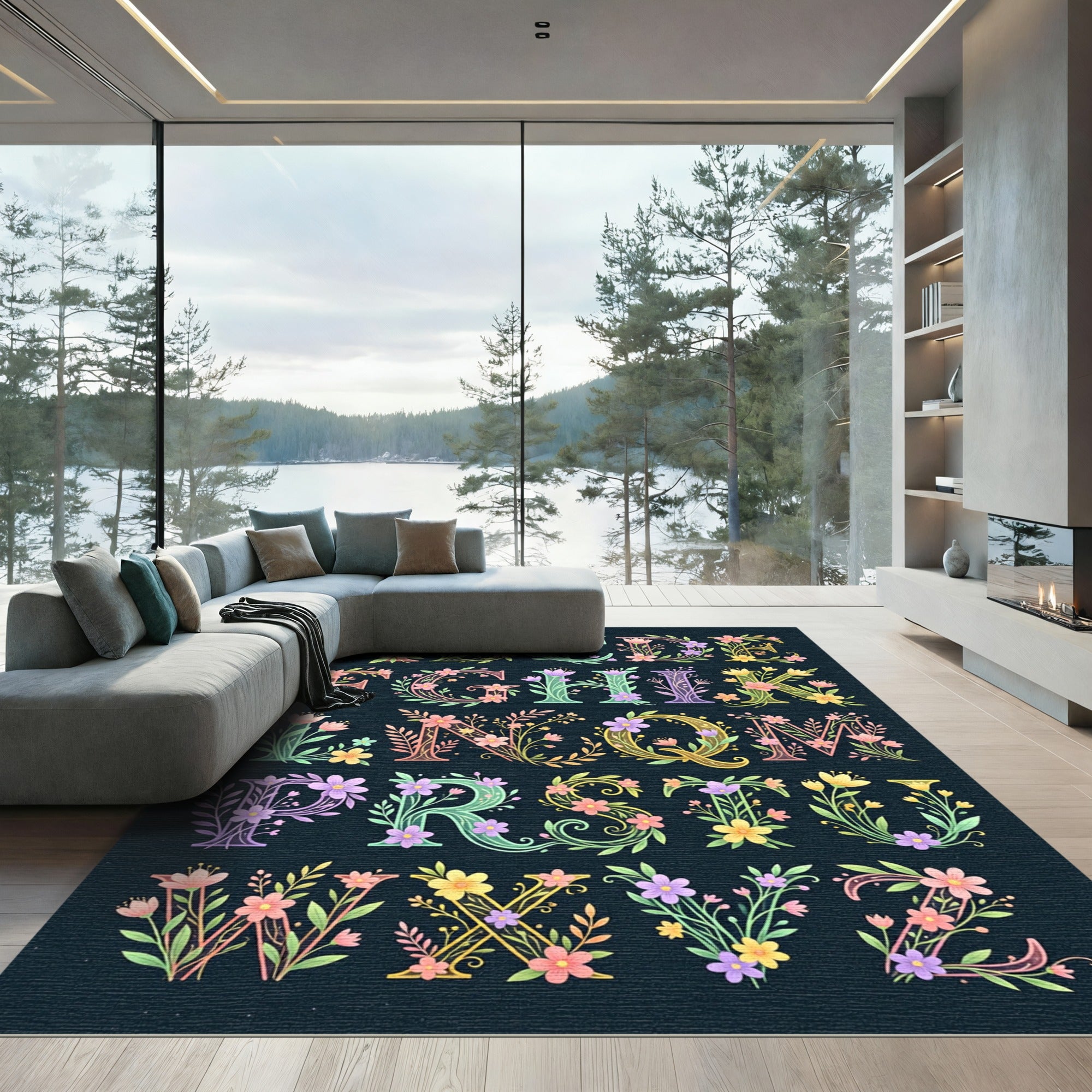 Floral Botanical Alphabet Letter Garden Art Rug