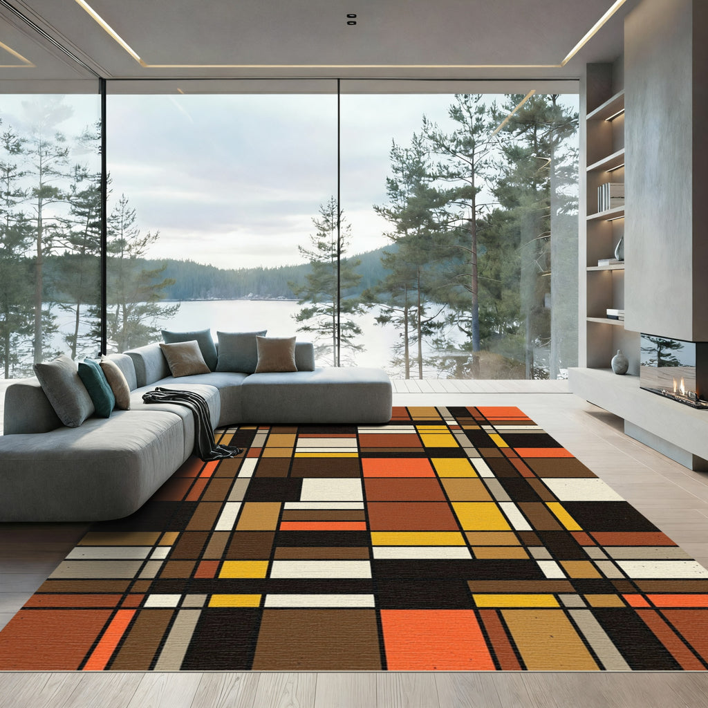 Mid-Century Modern Earth Tone Grid Rug