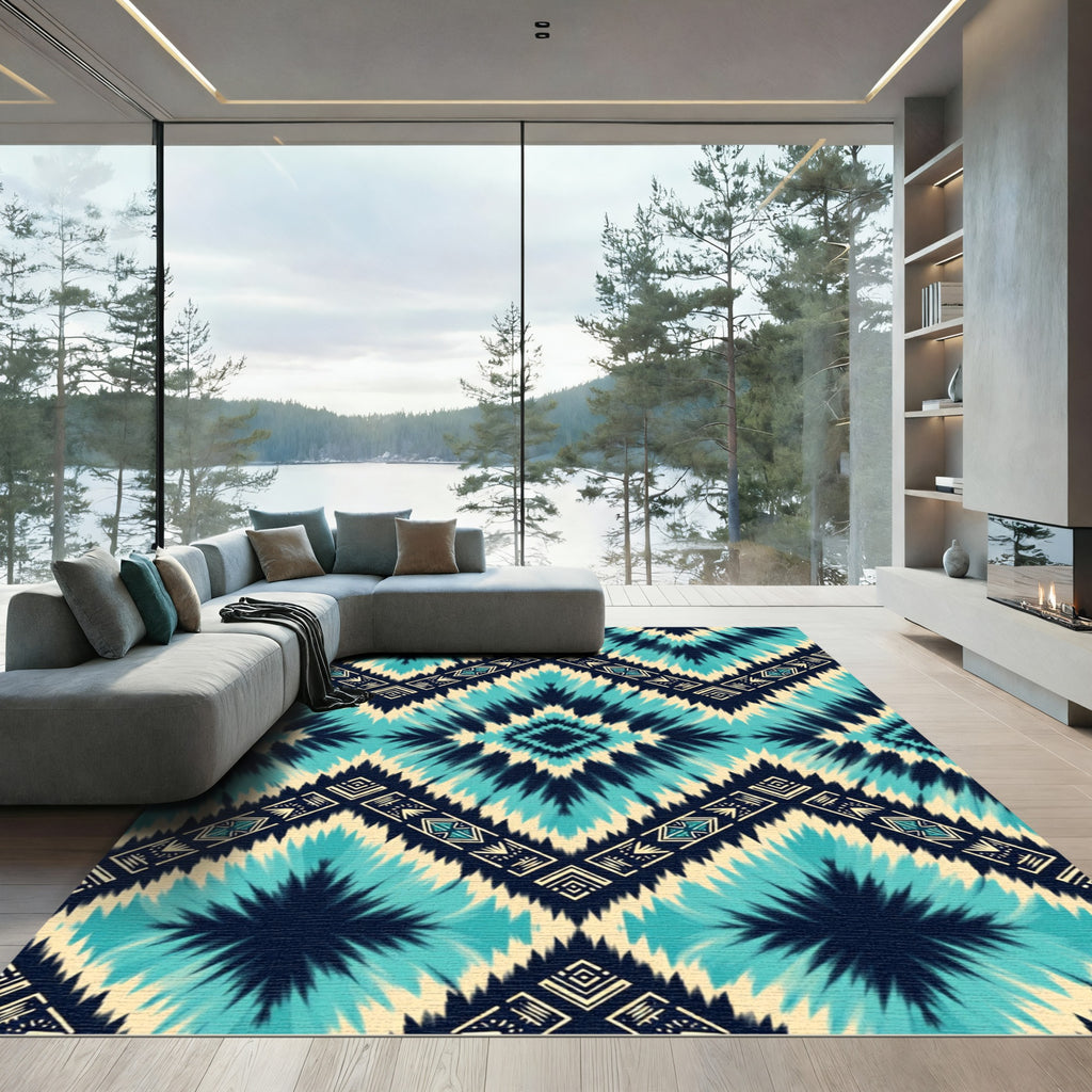 Teal and Navy Ikat Diamond Chevron Rug