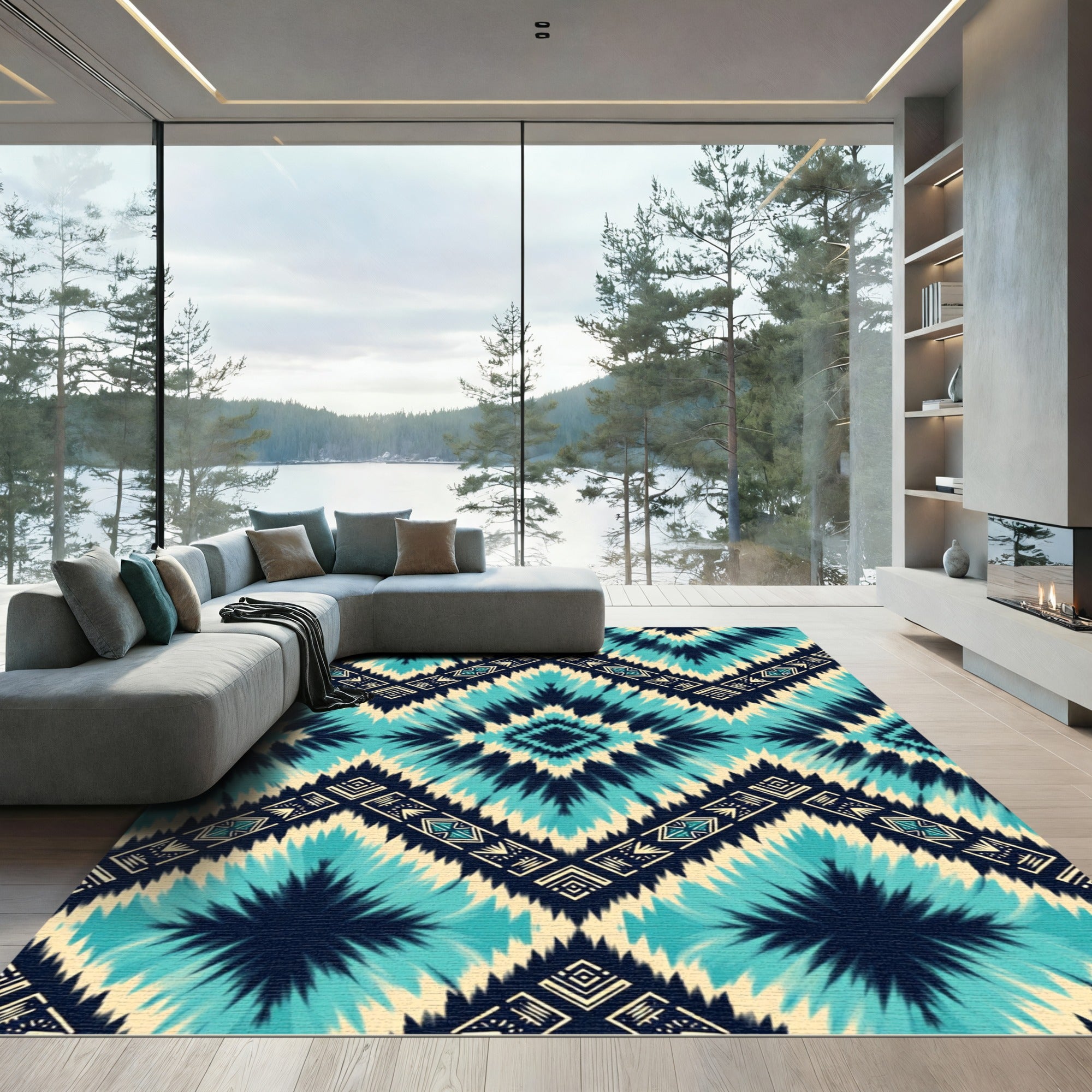 Teal and Navy Ikat Diamond Chevron Rug