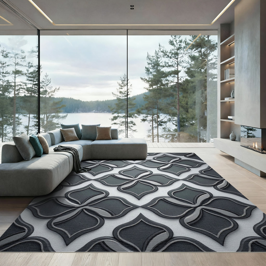 Sophisticated Charcoal Black Interlocking Quatrefoil Rug
