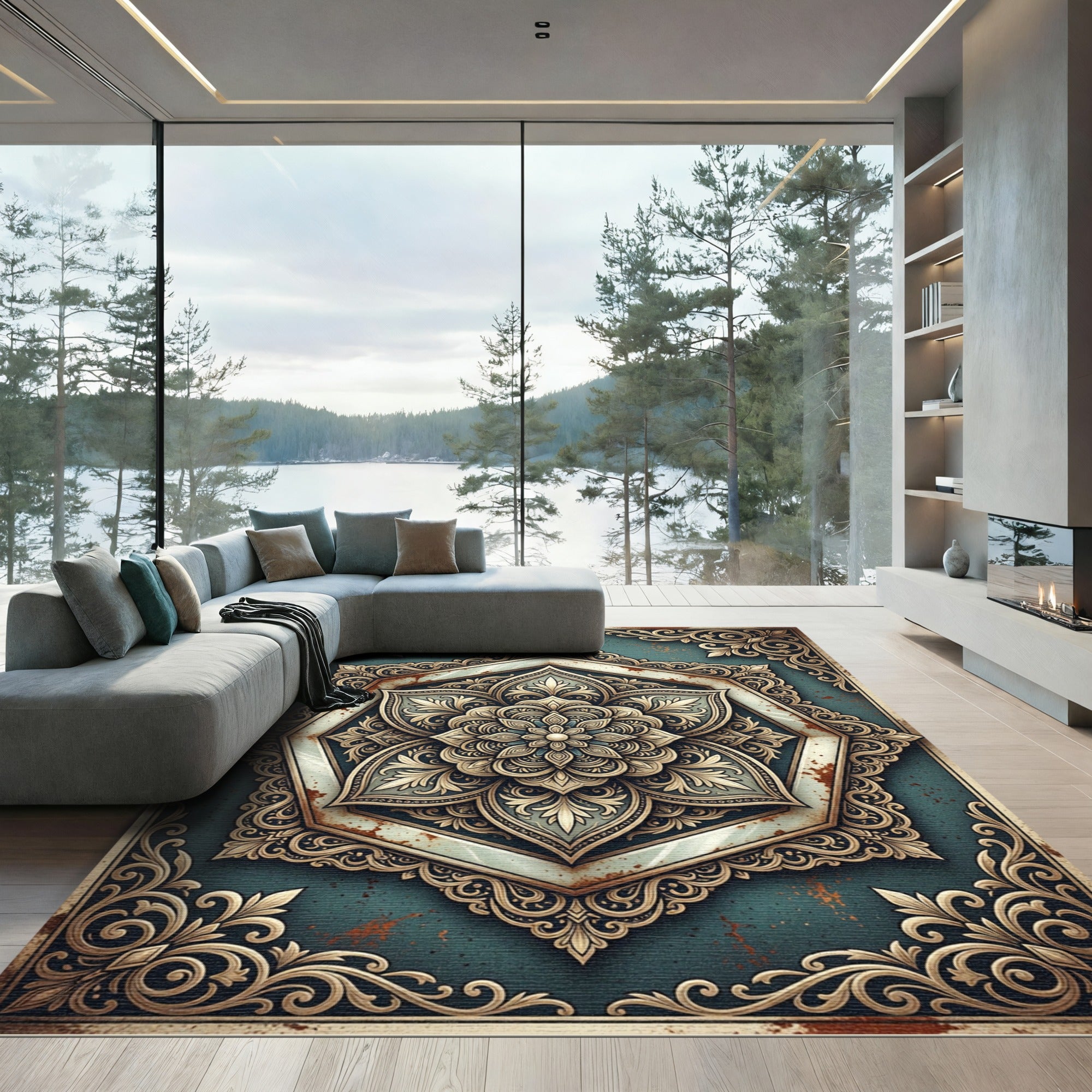 Ornate Teal and Gold Mandala Medallion Rug
