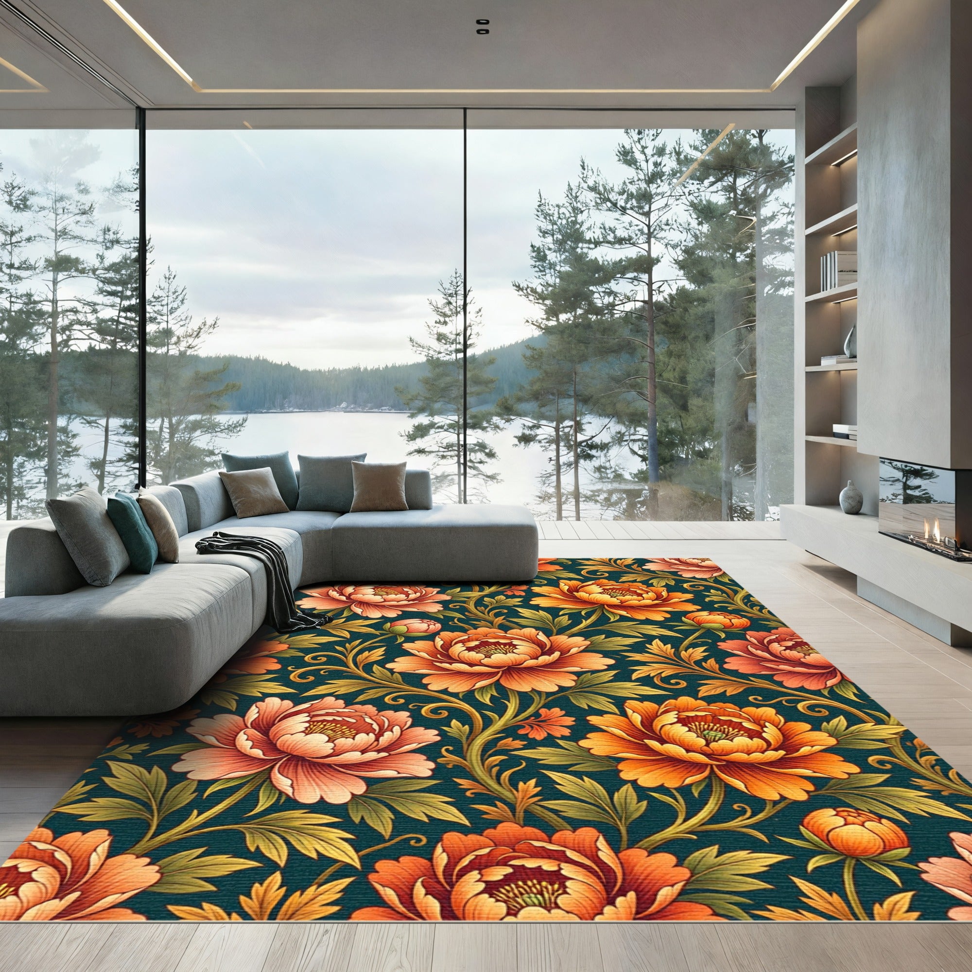 Vibrant Orange Peony Floral Scroll Rug
