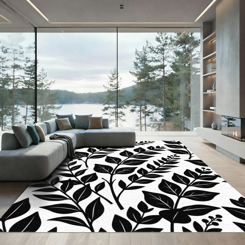 Monochromatic Black and White Botanical Foliage Rug