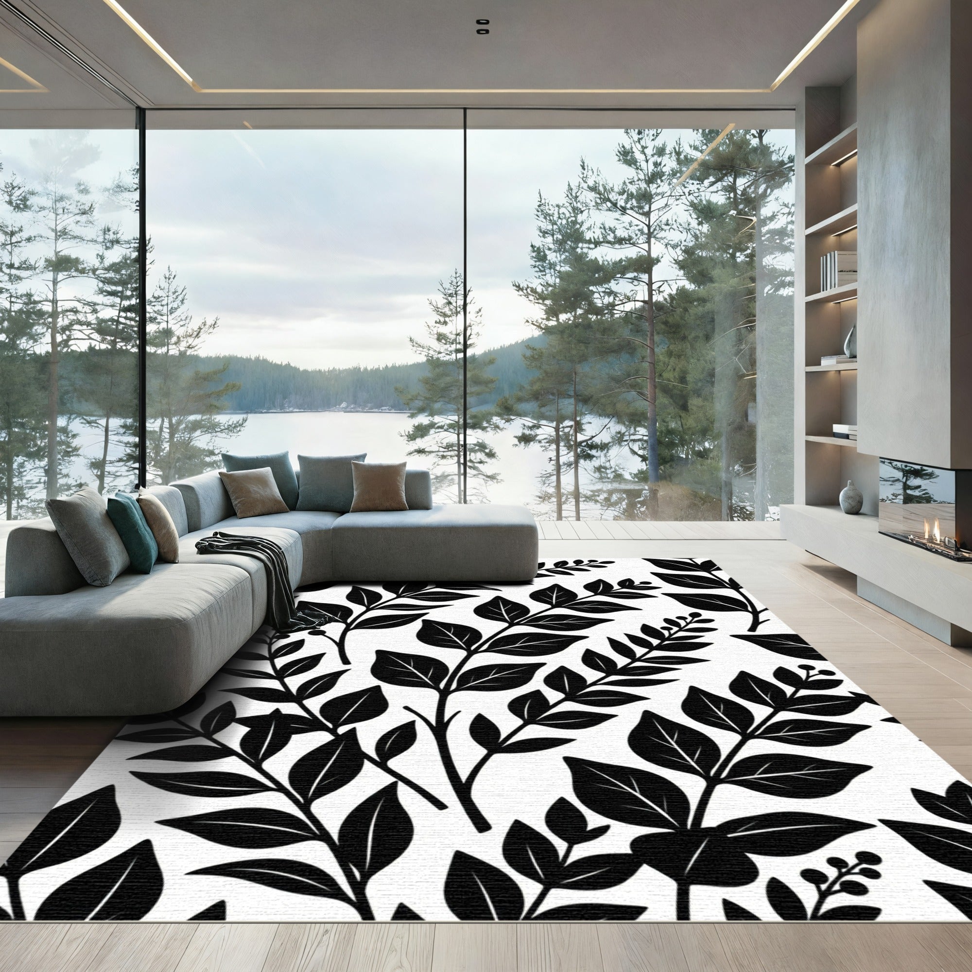 Monochromatic Black and White Botanical Foliage Rug