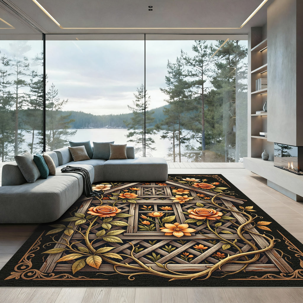Golden Rose Lattice Cottage Garden Art Rug