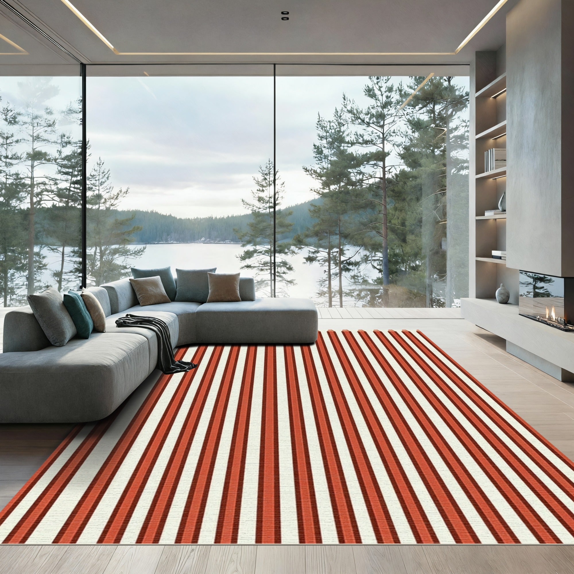 Bold Orange White Pinstripe Stripes Rug