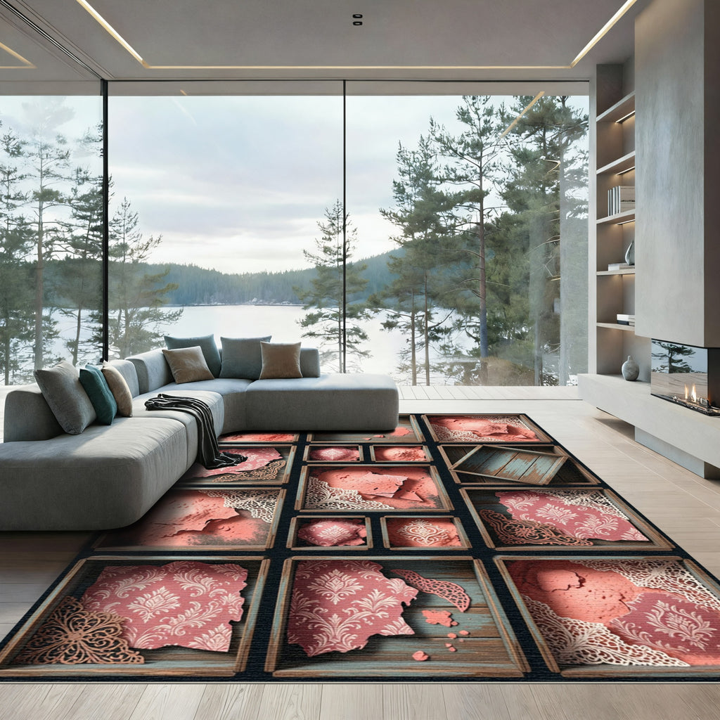 Pink Coral Damask Ornate Medallion Rug