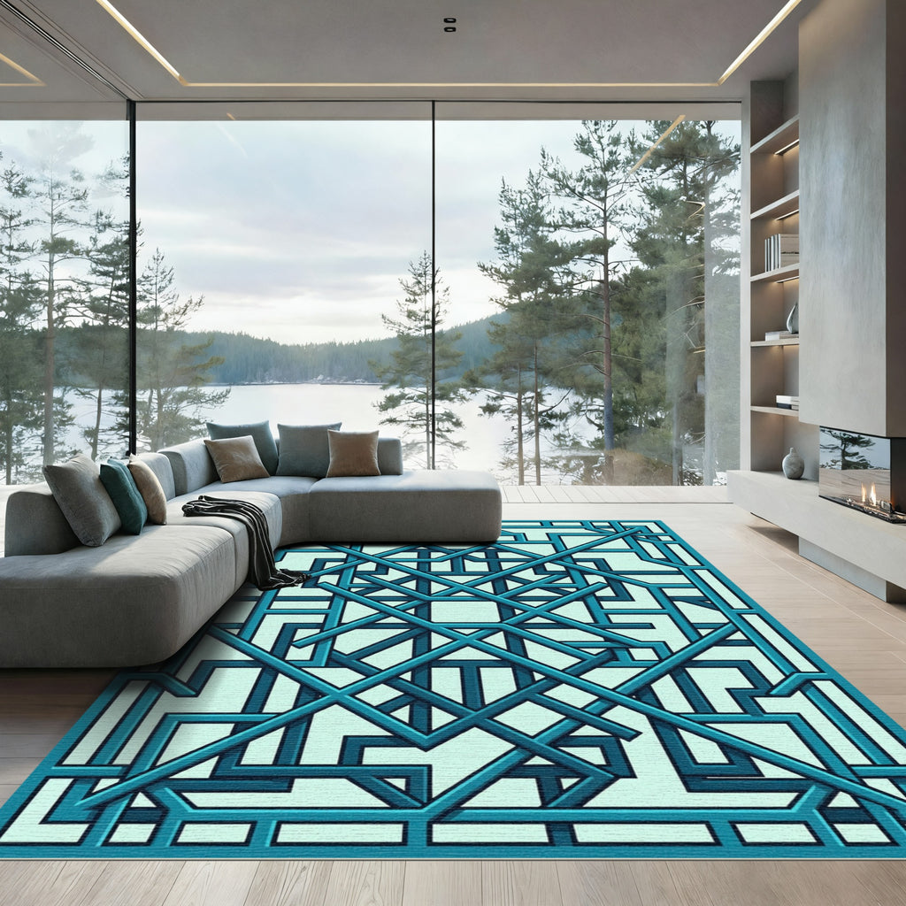 Geometric Teal Interlocking Linear Lattice Rug