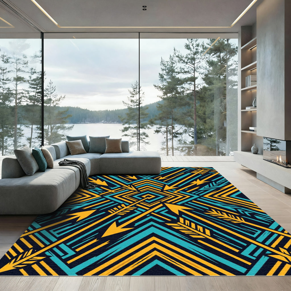 Bold Teal Yellow Arrow Geometric Rug
