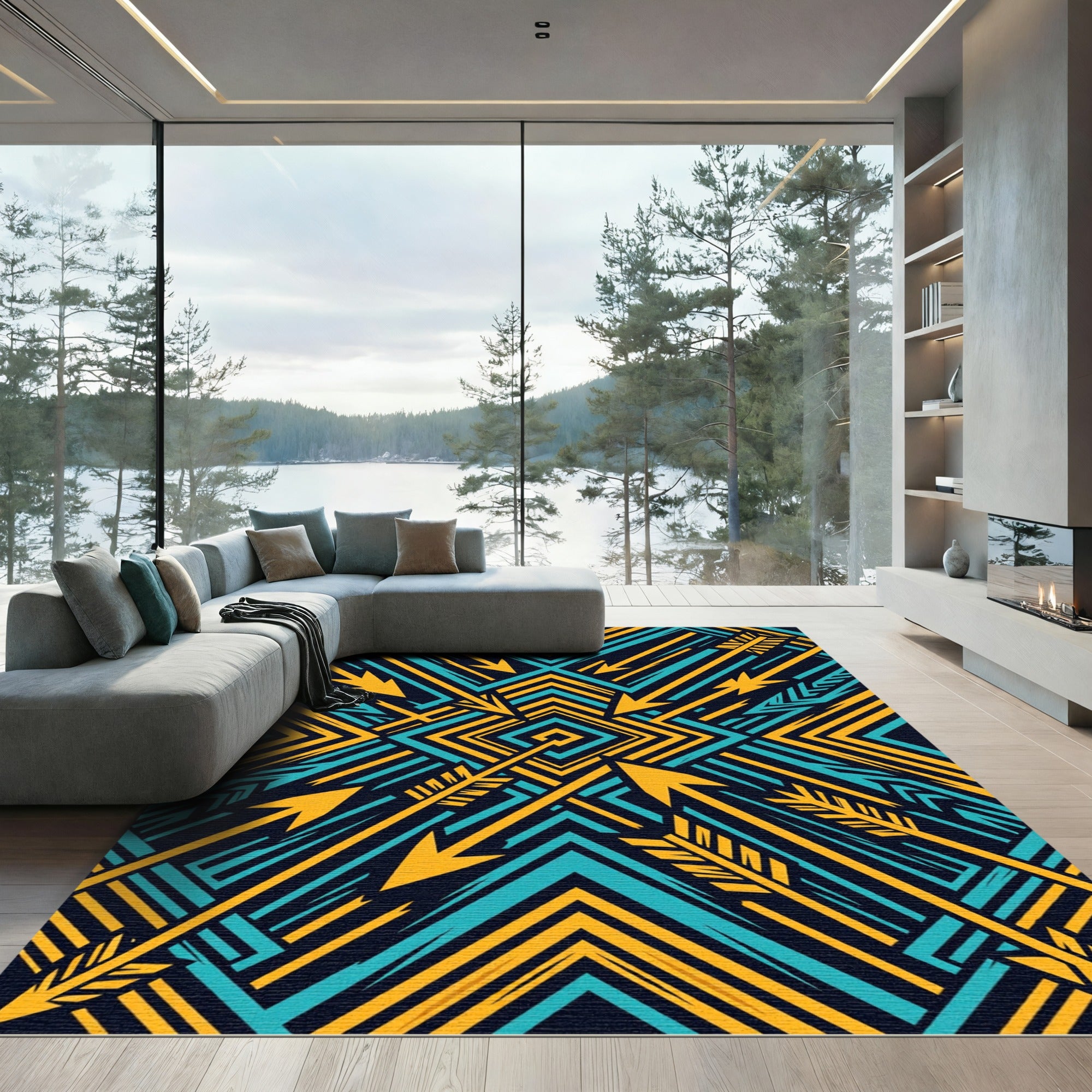 Bold Teal Yellow Arrow Geometric Rug