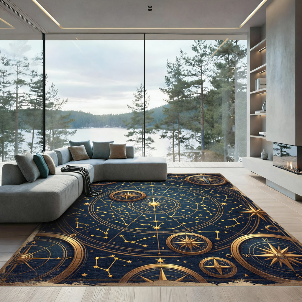 Celestial Gold Constellation and Compass Map Rug
