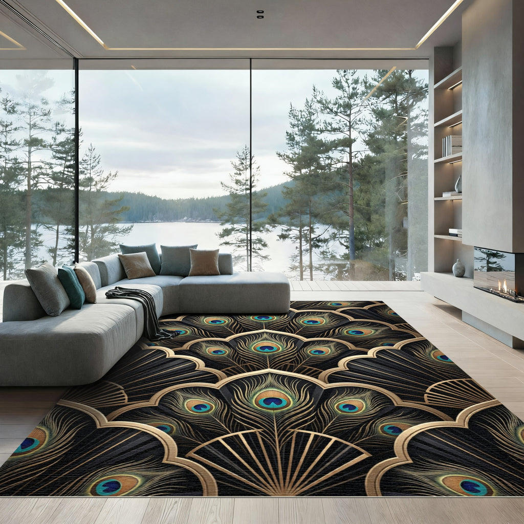 Art Deco Black Gold Peacock Feathers Rug
