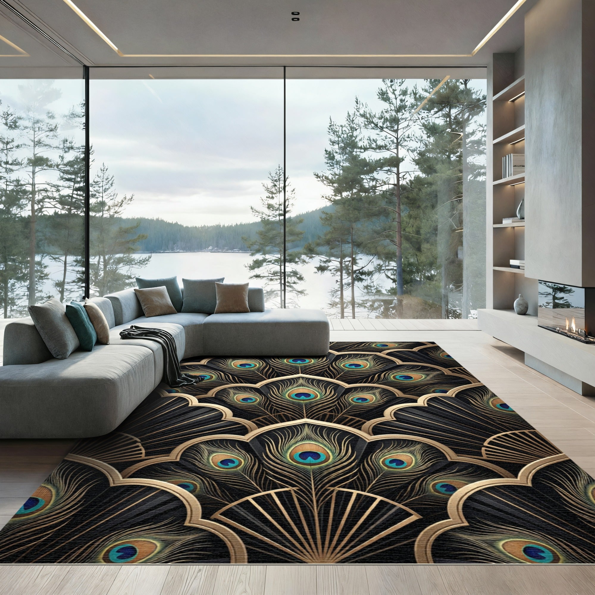 Art Deco Black Gold Peacock Feathers Rug