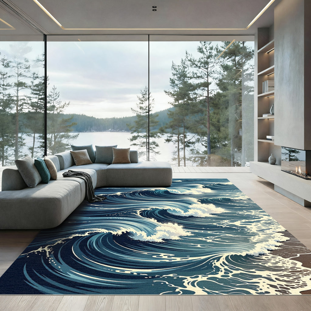 Deep Blue Oceanic Rolling Wave Art Rug