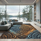 Ornate Teal Gold Filigree Scroll Rug