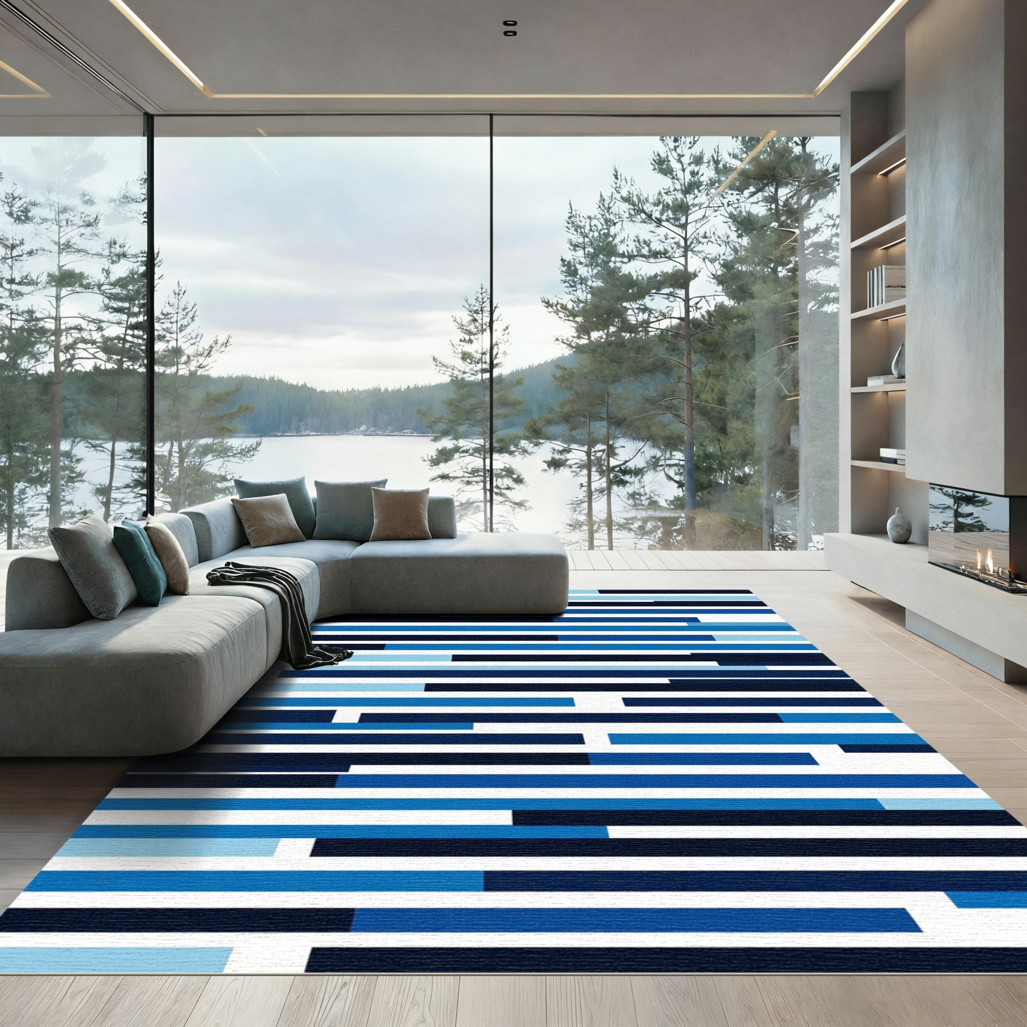 Deep Blue Horizontal Stripe Arrangement Rug