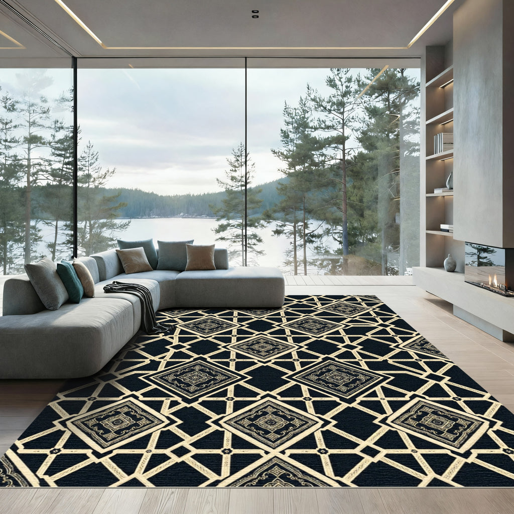 Luxury Black and Gold Geometric Lattice Rug