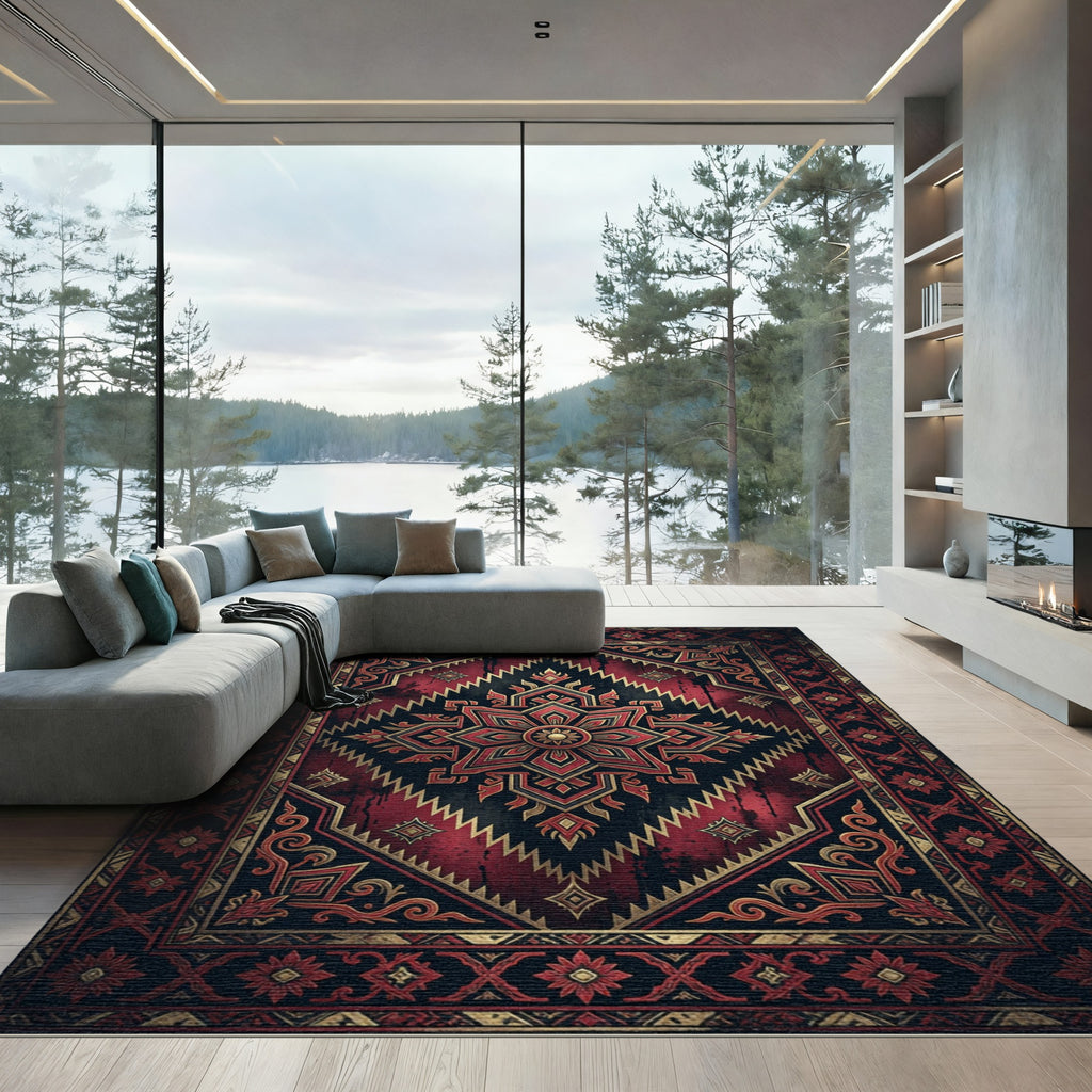 Dark Crimson Gold Ornate Medallion Rug