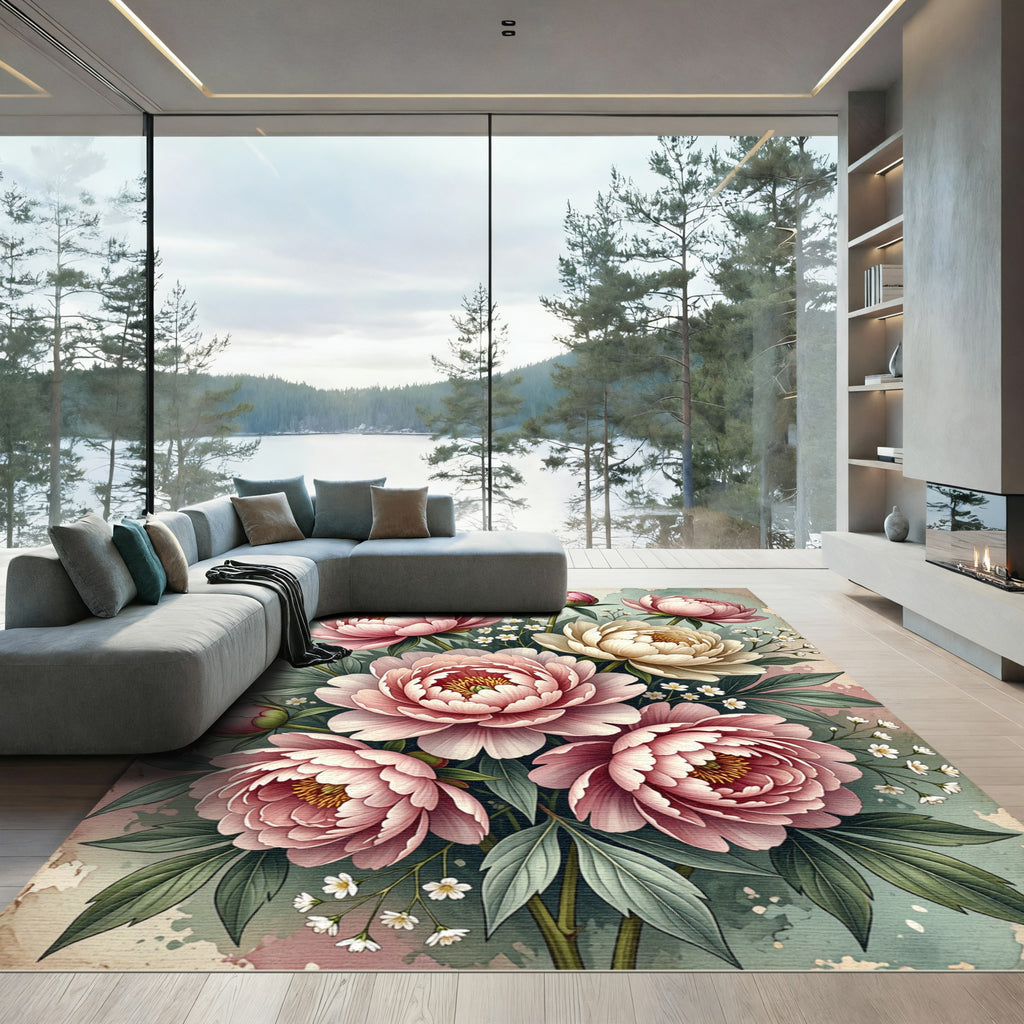 Romantic Peony Garden Floral Watercolor Rug