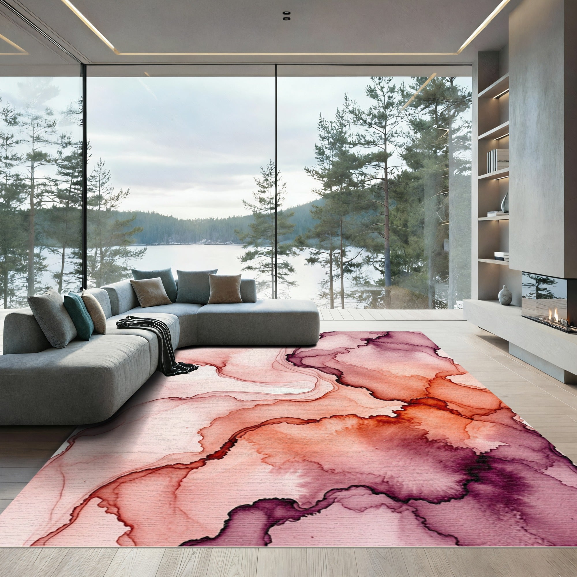 Fluid Abstract Crimson Wine Watercolor Rug
