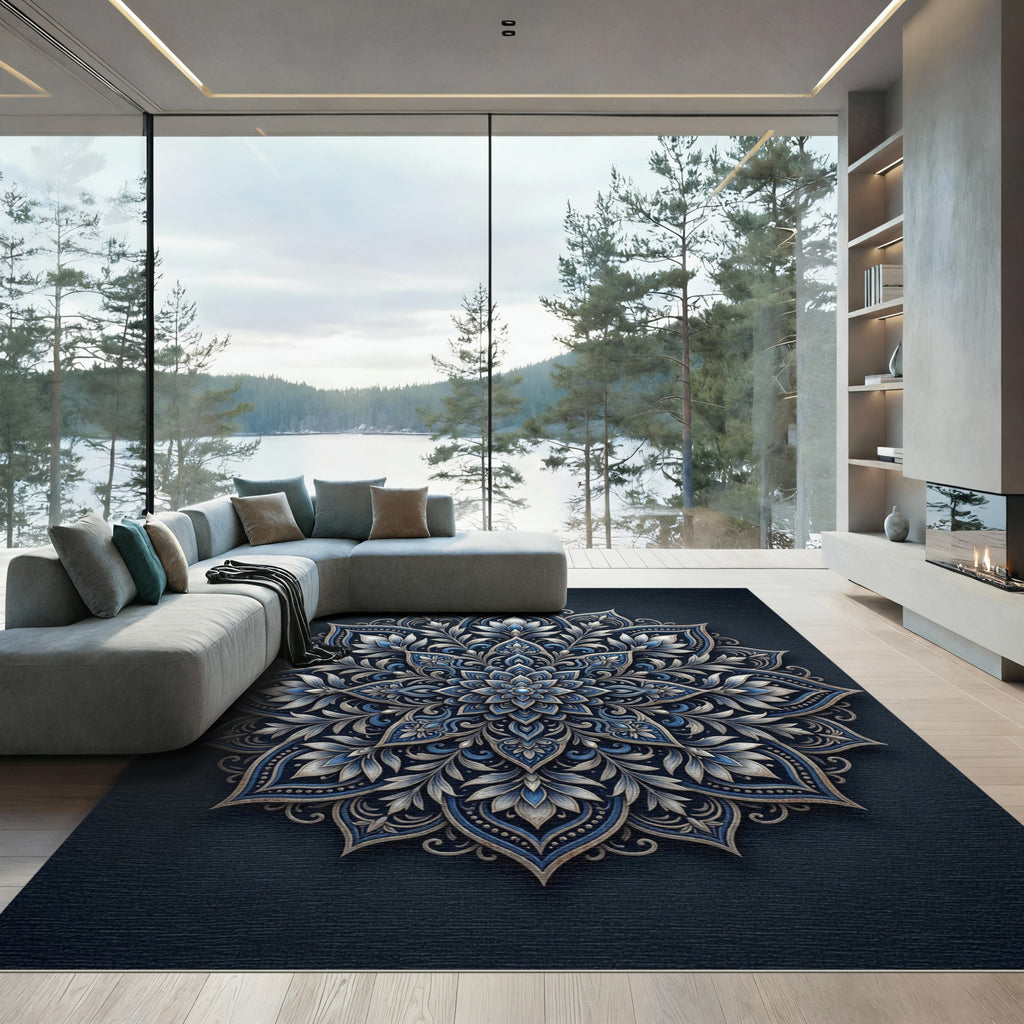 Ornate Blue Floral Mandala Medallion Rug