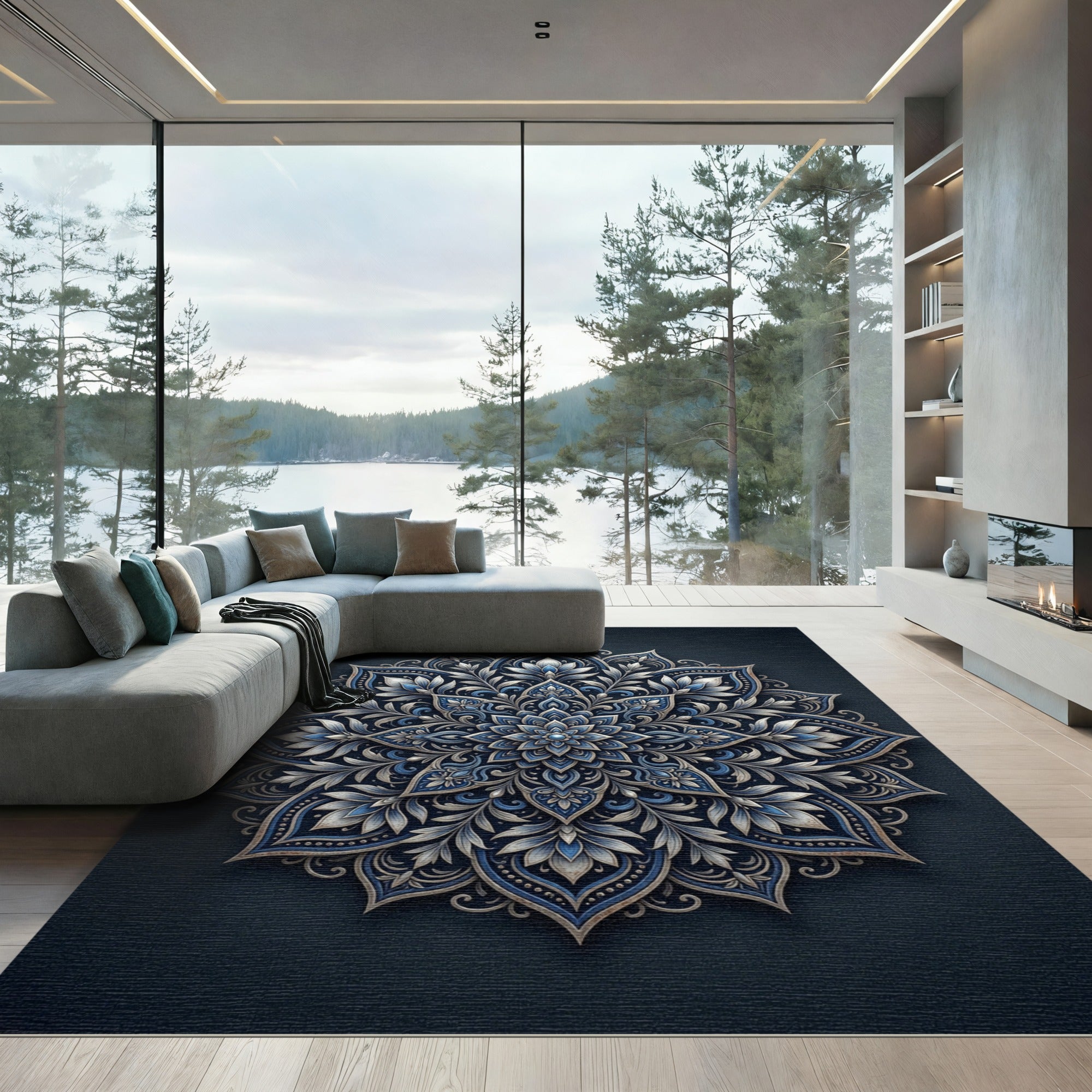Ornate Blue Floral Mandala Medallion Rug
