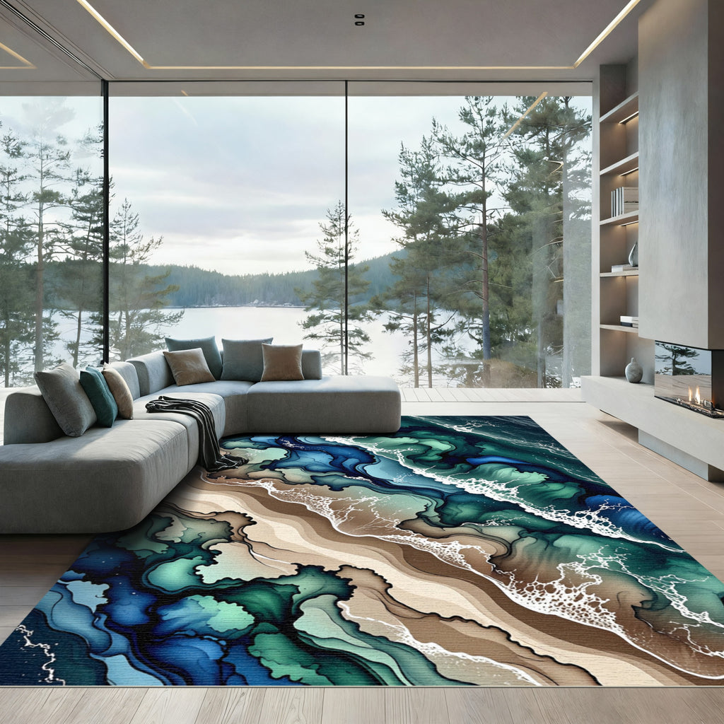 Ocean Wave Swirls Abstract Coastal Rug